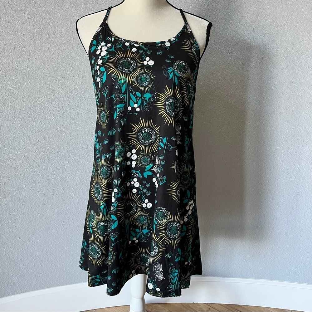 Ekouaer Floral Halter Dress NWT Size Medium Sunflowers Black Green Yellow